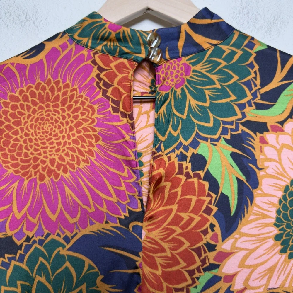 Farm Rio Women Top Small Multicolor Vintage Garden Satin Mock Neck Puff Sleeve